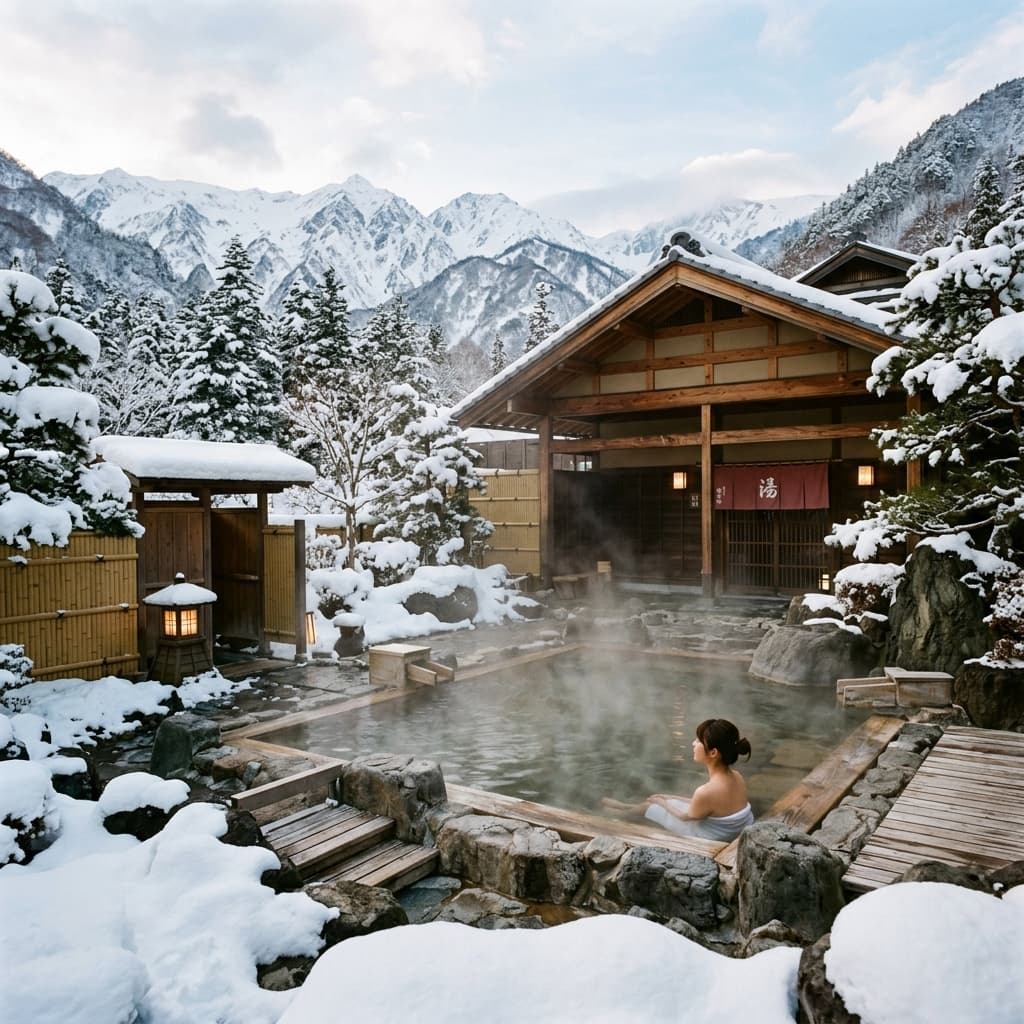 A traditional onsen with a snow view